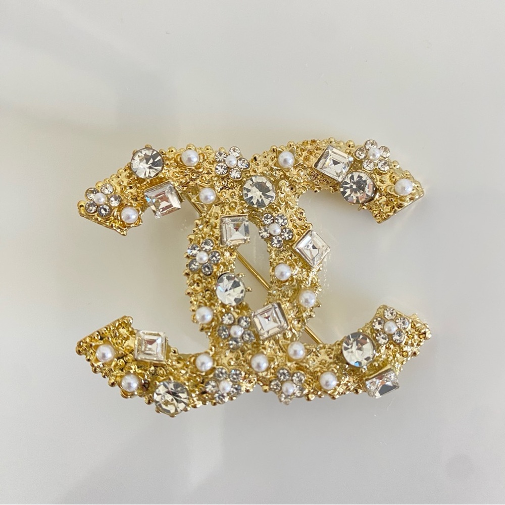 Gold CC Crystal Brooch